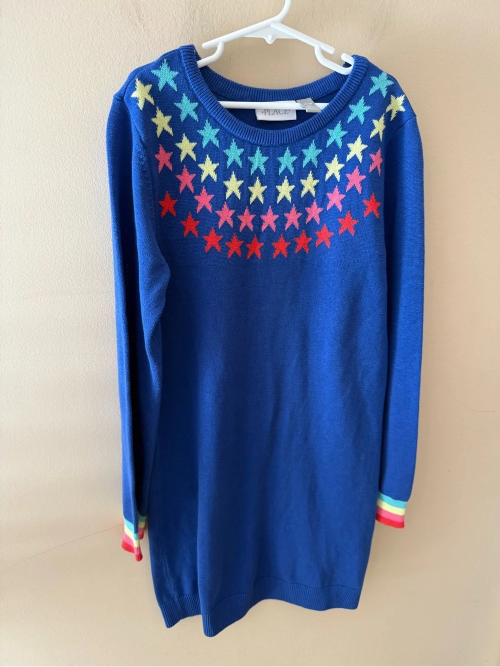 Childrens place knit long sleeve dress star print blue size 10